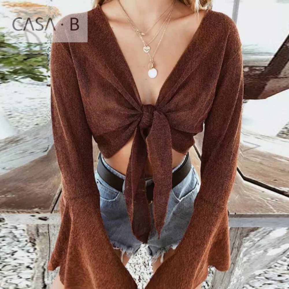 CASA Bđ«Sierra Boheme Mesh Front-tie Cover-up Big Sleeve Blouse - Picture 2 of 6